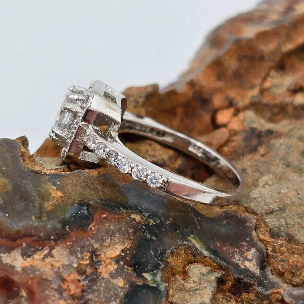 Sterling Silver 925 Halo Engagement Ring Size 3.75 Cushion Cut Cubic Zirconia